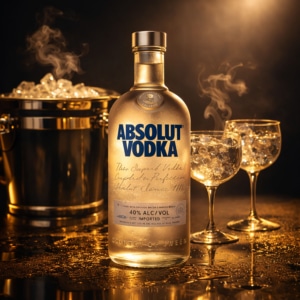 Photo produit e-commerce premium – bouteille vodka lumière chaude luxe – studio photo Nantes